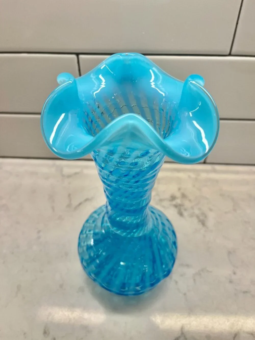 Vintage Fenton Opalescent Blue Glass Vase